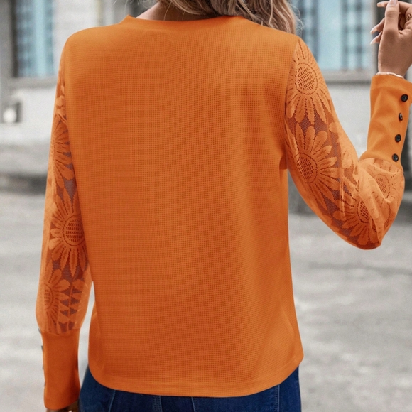 Women's Round Neck Sheer Long Sleeve Top - Picture 4 of 4